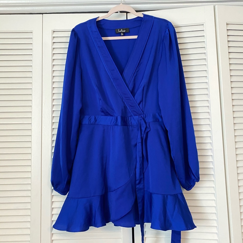 Royal Blue Faux Wrap Dress Bell Sleeves